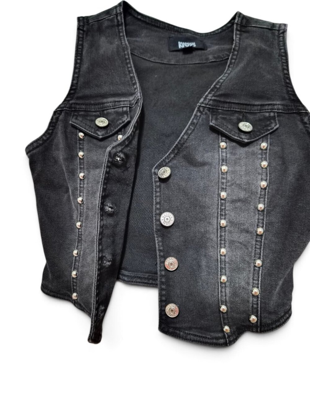Madden NYC Women's Studded Vest Stretch Denim XXS Black Pointed Hem with Buttons - Picture 3 of 7